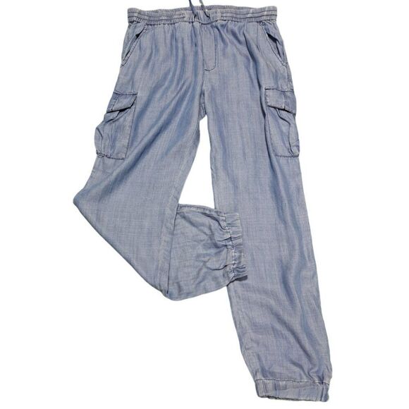 Skies Are Blue Women's Chambray Jogger Cargo Pockets Blue Draw String Sz Medium - Picture 1 of 8